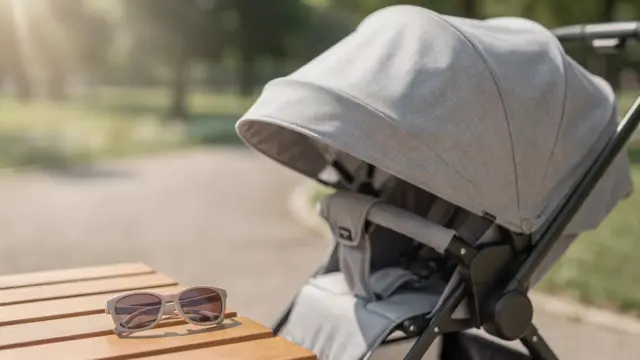 Stroller mit Sonnendach und Baby-Sonnenbrille zum Schutz empfindlicher Babyaugen in der Sonne