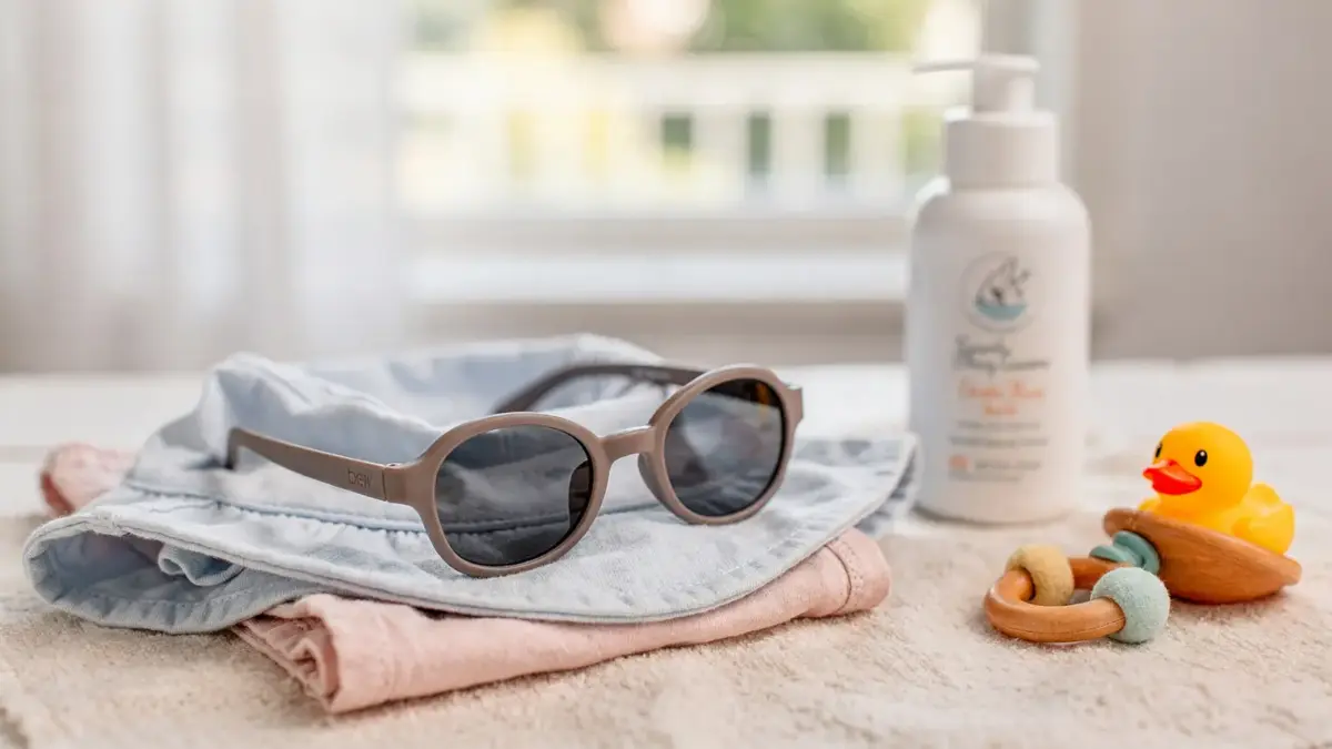 Baby-Sonnenbrille mit UV-Schutz auf einer Decke in der Sonne, passend zum Thema Passform und Sicherheit.