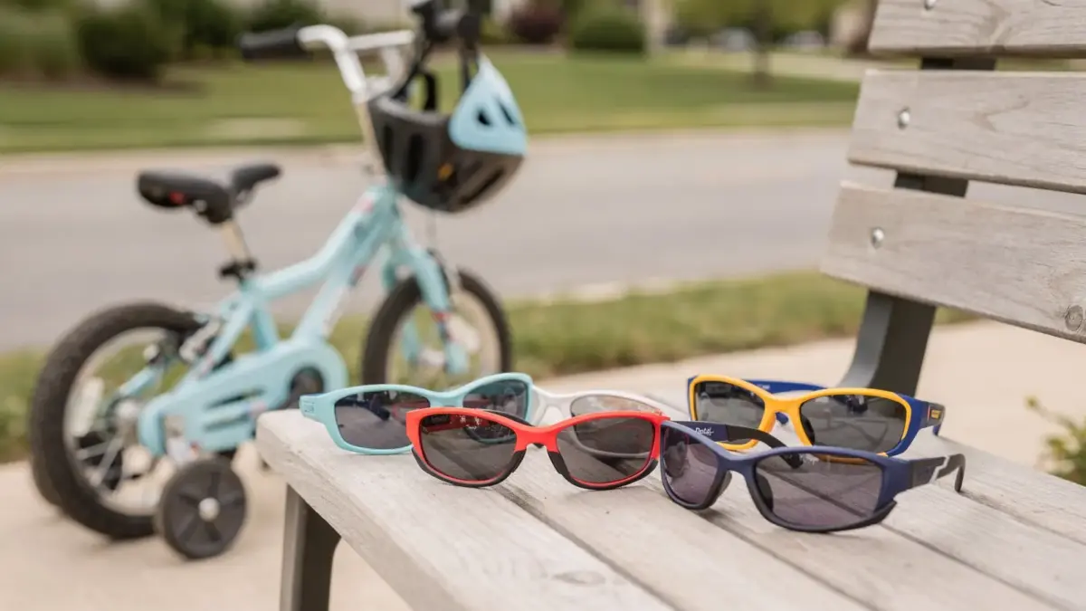 Kindersonnenbrille fürs Radfahren und Rollerfahren neben Helm und Scooter