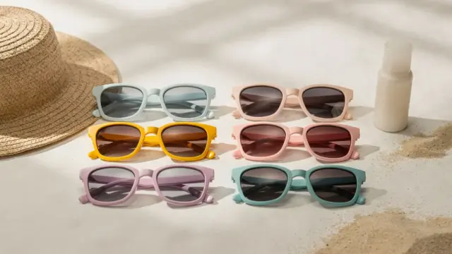 Kindersonnenbrillen für Urlaub, Strand und Freizeit neben Sonnenhut und Sonnencreme