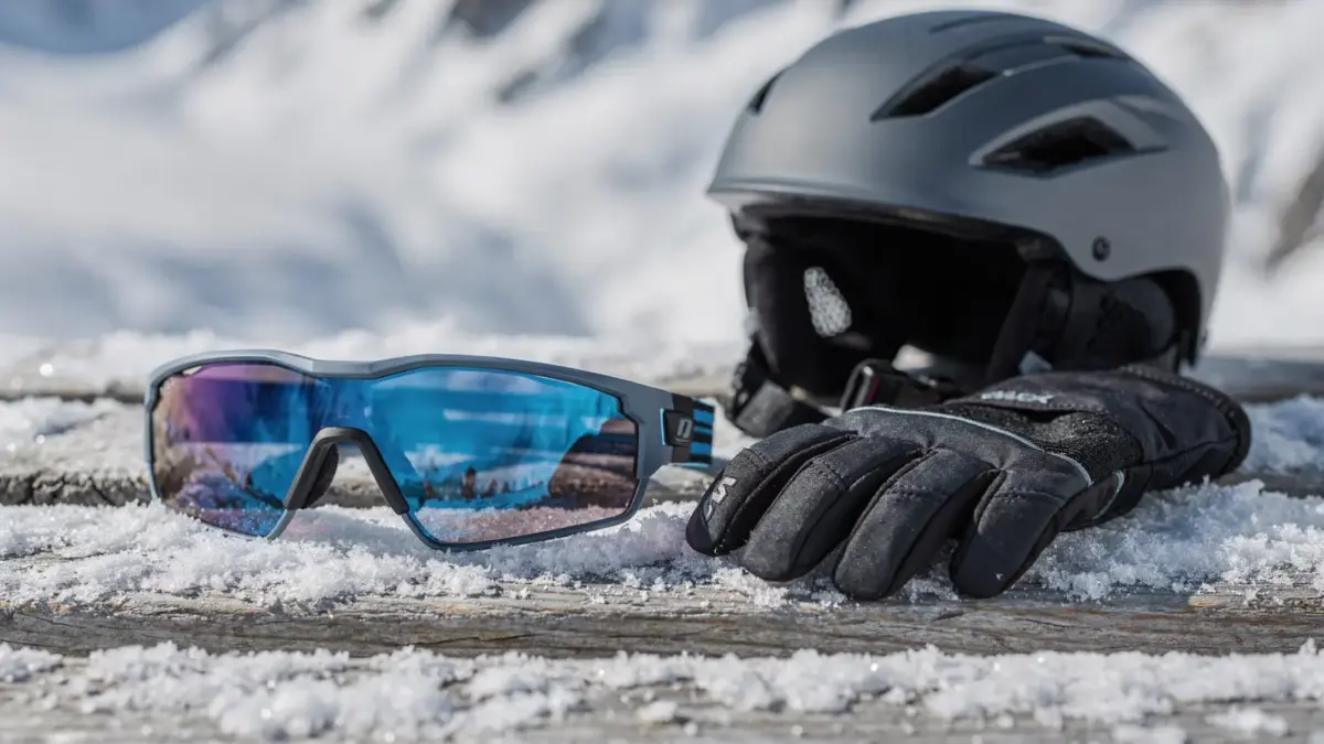 Sonnenbrille beim Wintersport für Jugendliche mit UV-Schutz auf einer Skipausrüstung