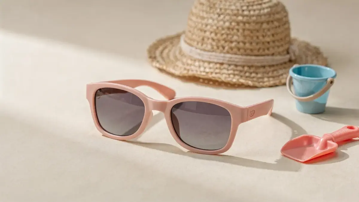 Kindersonnenbrille im Alltag mit Sonnenhut und Outdoor-Zubehör auf hellem Untergrund