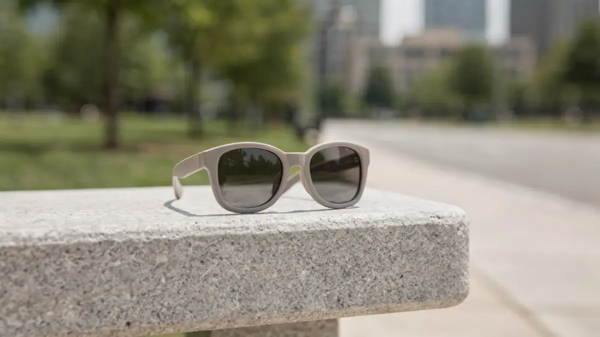 Kindersonnenbrille für die Stadt auf einer Bank im Park, mit urbaner Umgebung im Hintergrund