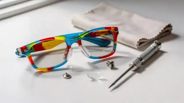 Kindersonnenbrille mit Schraube und Schraubendreher bei der Reparatur auf hellem Tisch.