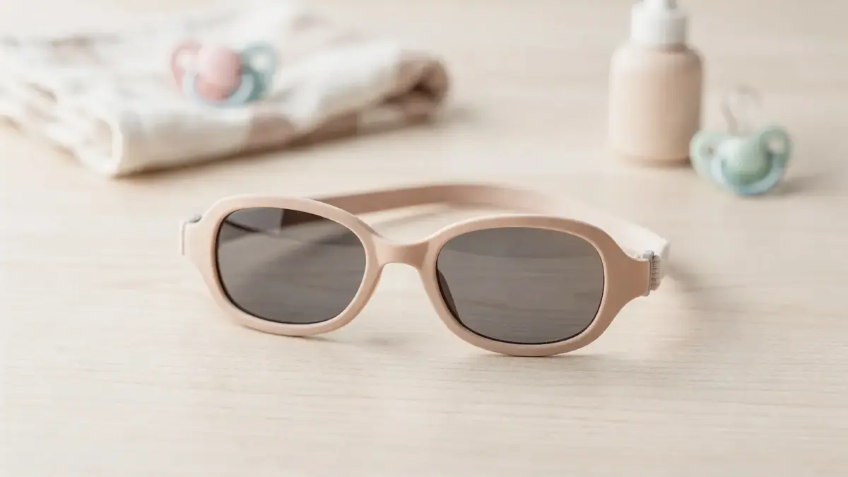 Kleinkind-Sonnenbrillenband neben Kinder-Sonnenbrille auf hellem Holz