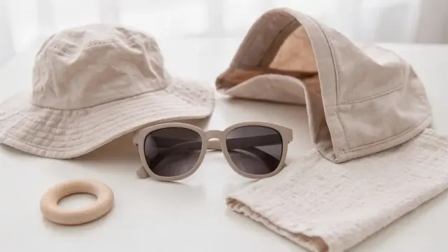 Baby-Sonnenbrille neben Sonnenhut und Kinderwagenverdeck als Motiv zum Thema Tragedauer