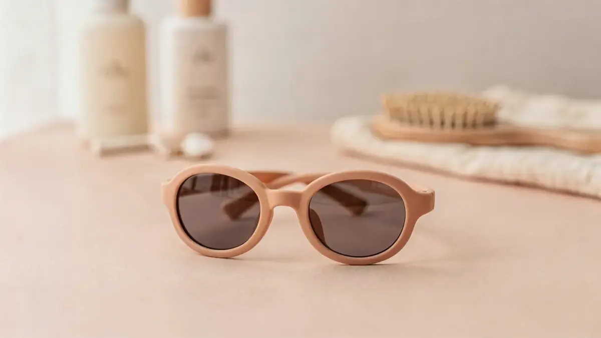 Weiche Baby-Sonnenbrille auf hellem Untergrund als Thema zu weicher Fassung für Babys
