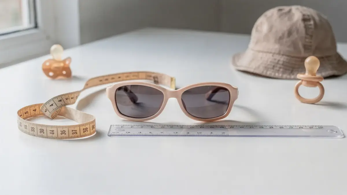 Kleinkind-Sonnenbrille auf einem Tisch mit Maßband beim Komfort-Check für Eltern