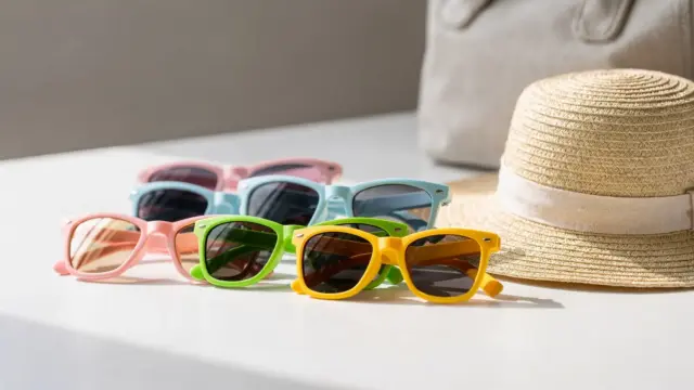 Kindersonnenbrillen für den Urlaub mit UV-Schutz auf einem hellen Tisch