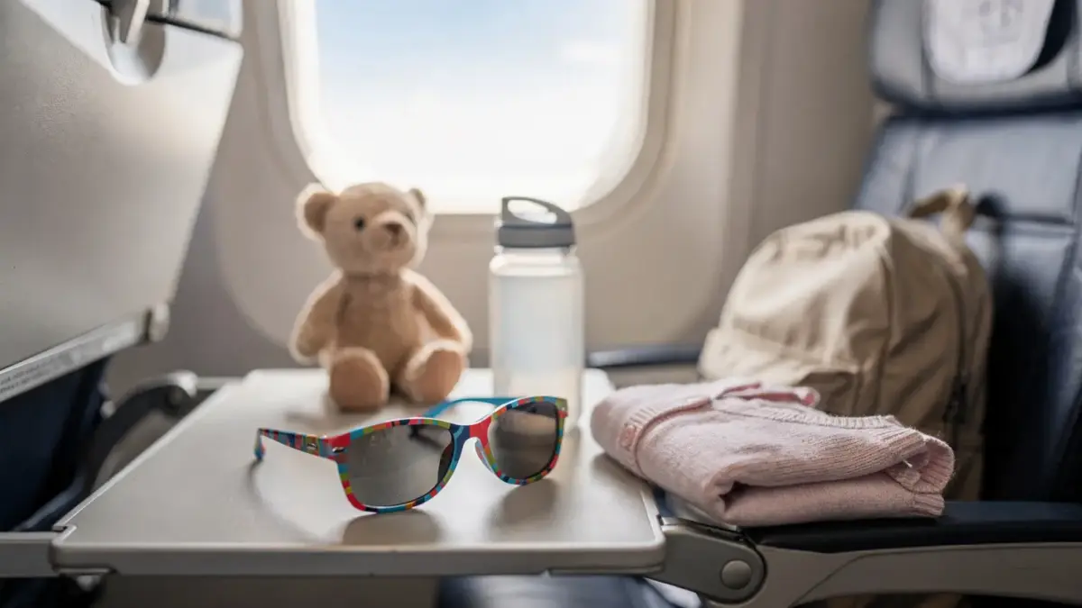 Kindersonnenbrille auf einem Flughafensitz für Flugreisen