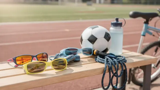 Kindersonnenbrille und Sport-Zubehör auf hellem Untergrund für den Artikel über Sonnenbrille Sport Zubehör