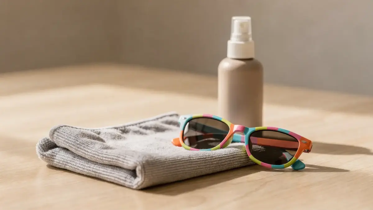 Mikrofasertuch neben Kindersonnenbrille zum Thema Brillenputztuch für Kinder