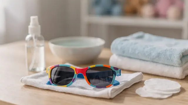 Baby-Sonnenbrille reinigen mit Mikrofasertuch, Wasser und milder Seife