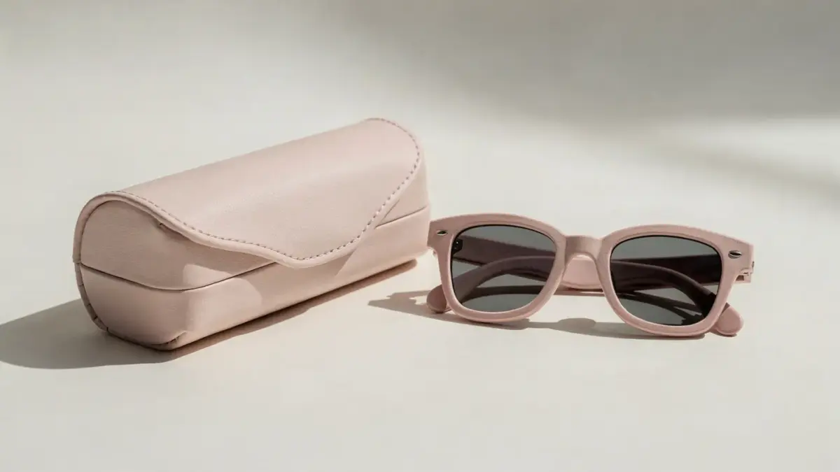 Baby-Sonnenbrille mit Etui auf hellem Hintergrund für einen Artikel über die Aufbewahrung