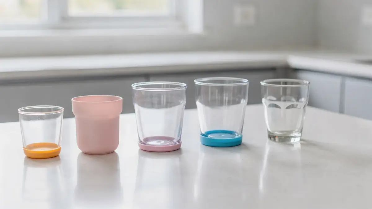 Bruchsichere Gläser für Kinder aus Kunststoff, Silikon und Temperglas auf einem Tisch
