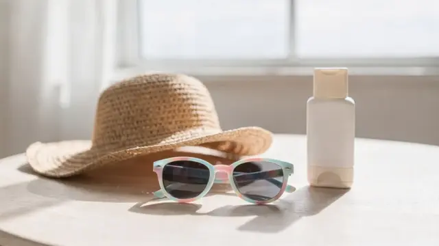 Sonnenbrille, Hut und Sonnenschutz zum Thema UVA und UVB bei Kinderaugen