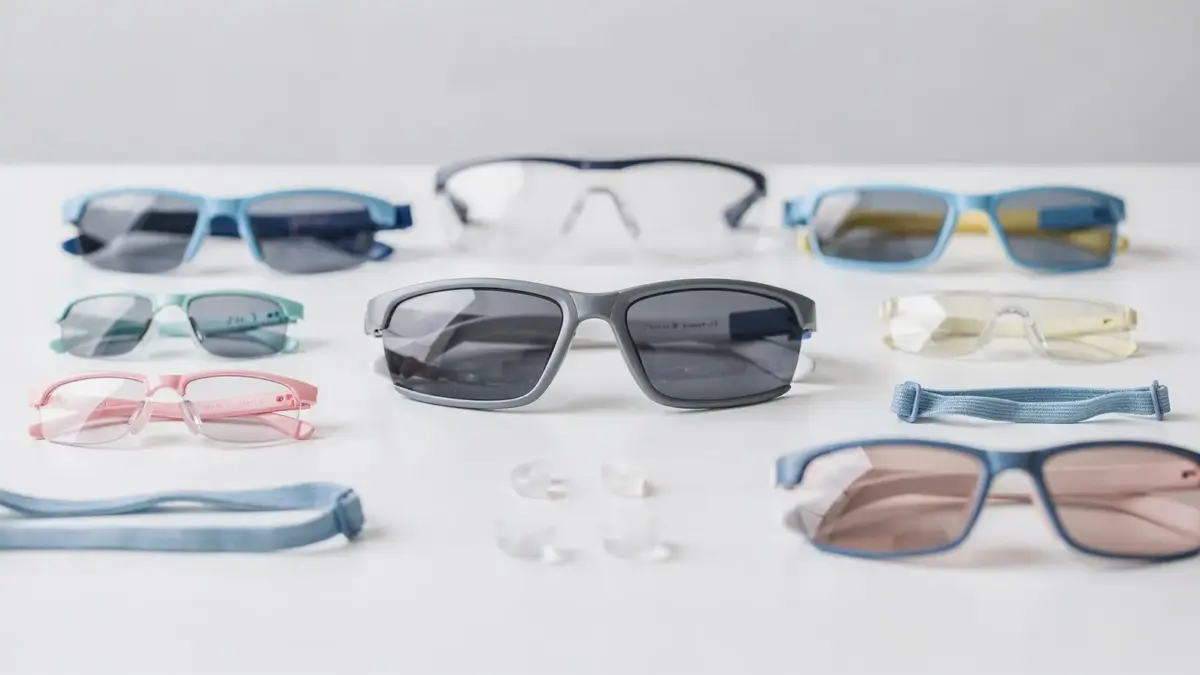 Kindersonnenbrille und Zubehör zur Normen-Prüfung auf hellem Hintergrund