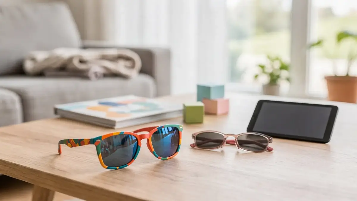 Kindersonnenbrille mit Blaulichtfilter neben Tablet auf hellem Tisch