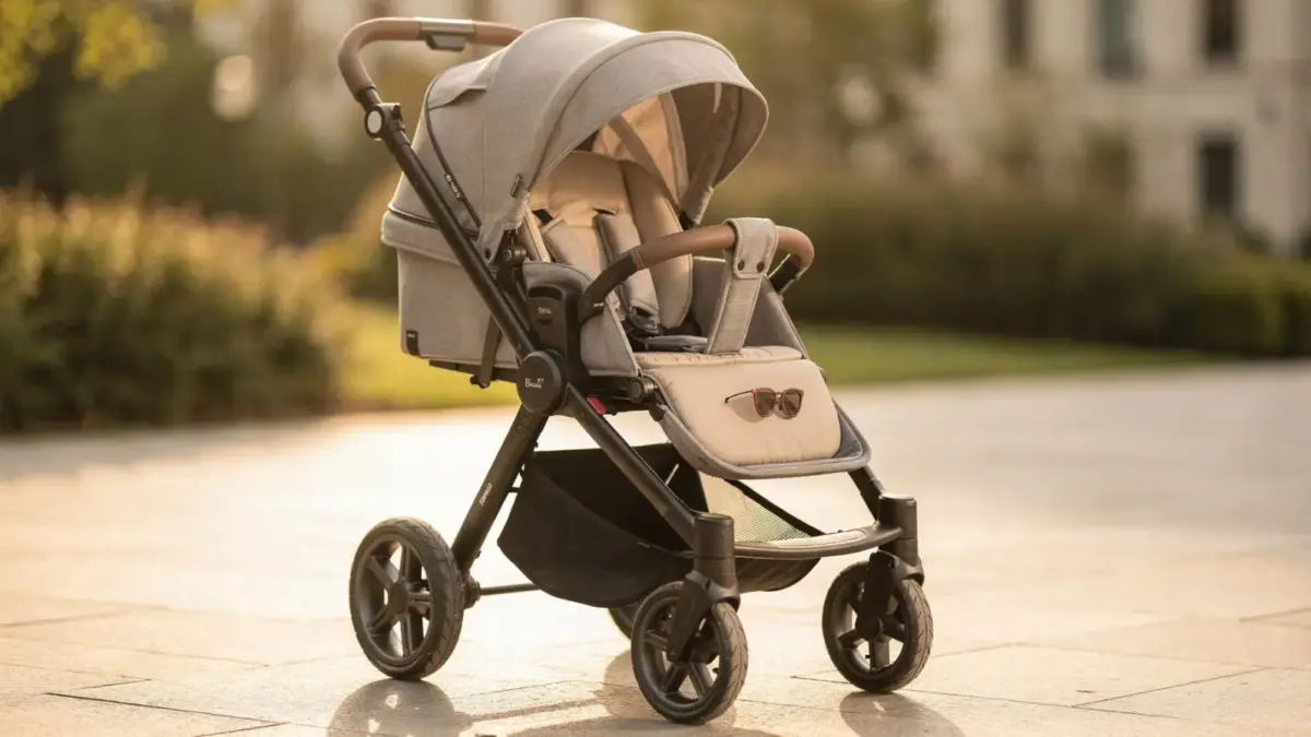 Kindersonnenbrille im Kinderwagen als Sonnenschutz für Babys und Kleinkinder