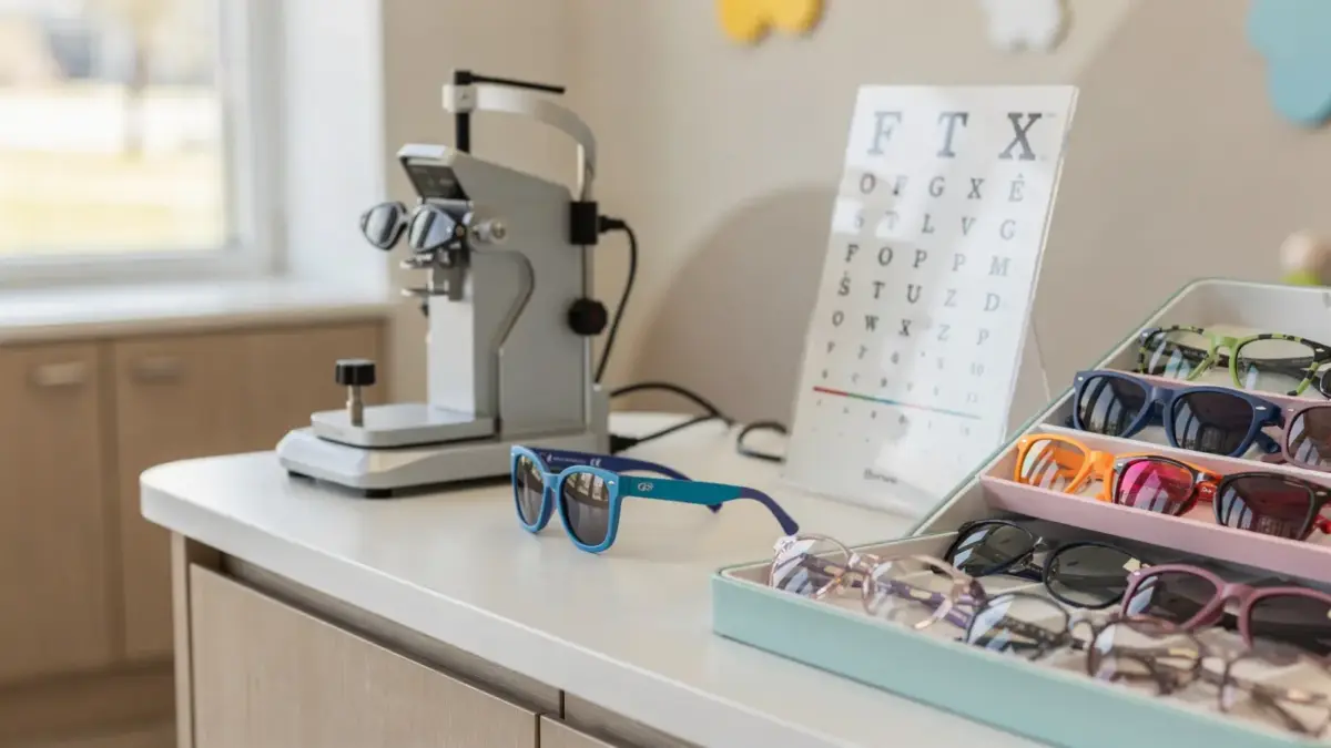 Kindersonnenbrille beim Optiker im Test mit Messgerät und Kinderfassung