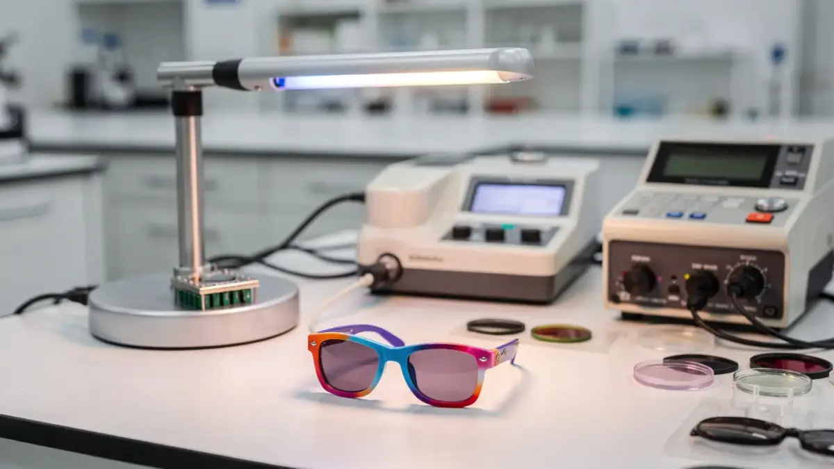 Laborprüfung von Kindersonnenbrillen mit UV-Messgerät und Prüfaufbau im Labor