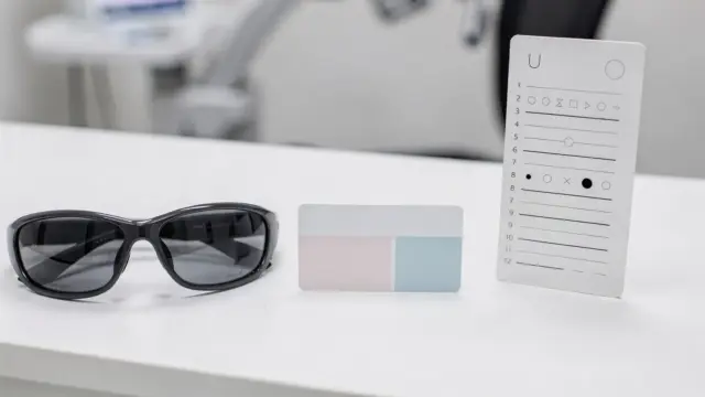 UV-Schutz bei Hornhautreizung: Sonnenbrille und Augenmodell in einer Augenarztpraxis