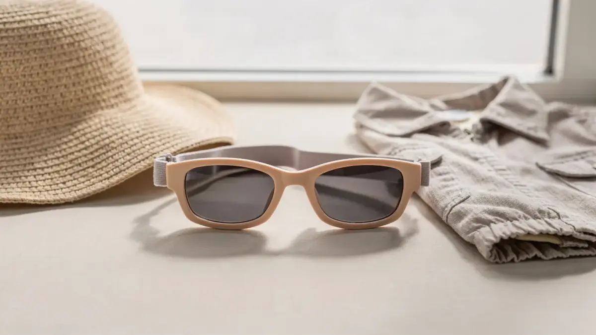 Kindersonnenbrille mit Band neben Sonnenhut und Jacke als Thema für Eltern