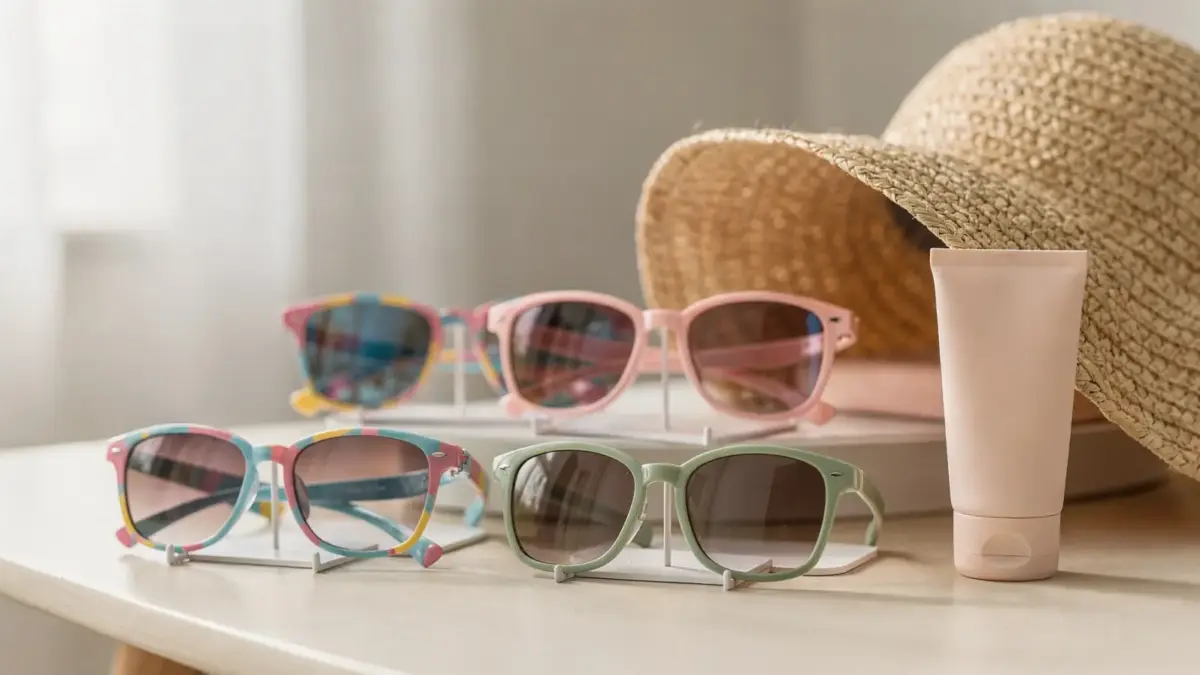 Kindersonnenbrille mit UV-Schutz auf hellem Tisch neben Sonnenhut und Sonnencreme