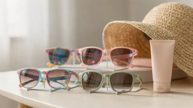Kindersonnenbrille mit UV-Schutz auf hellem Tisch neben Sonnenhut und Sonnencreme