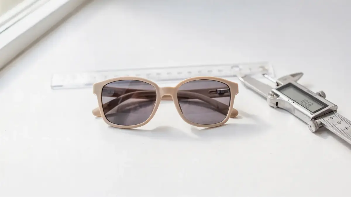 Kindersonnenbrille mit Maßband und Messschieber zur Rahmenbreite messen