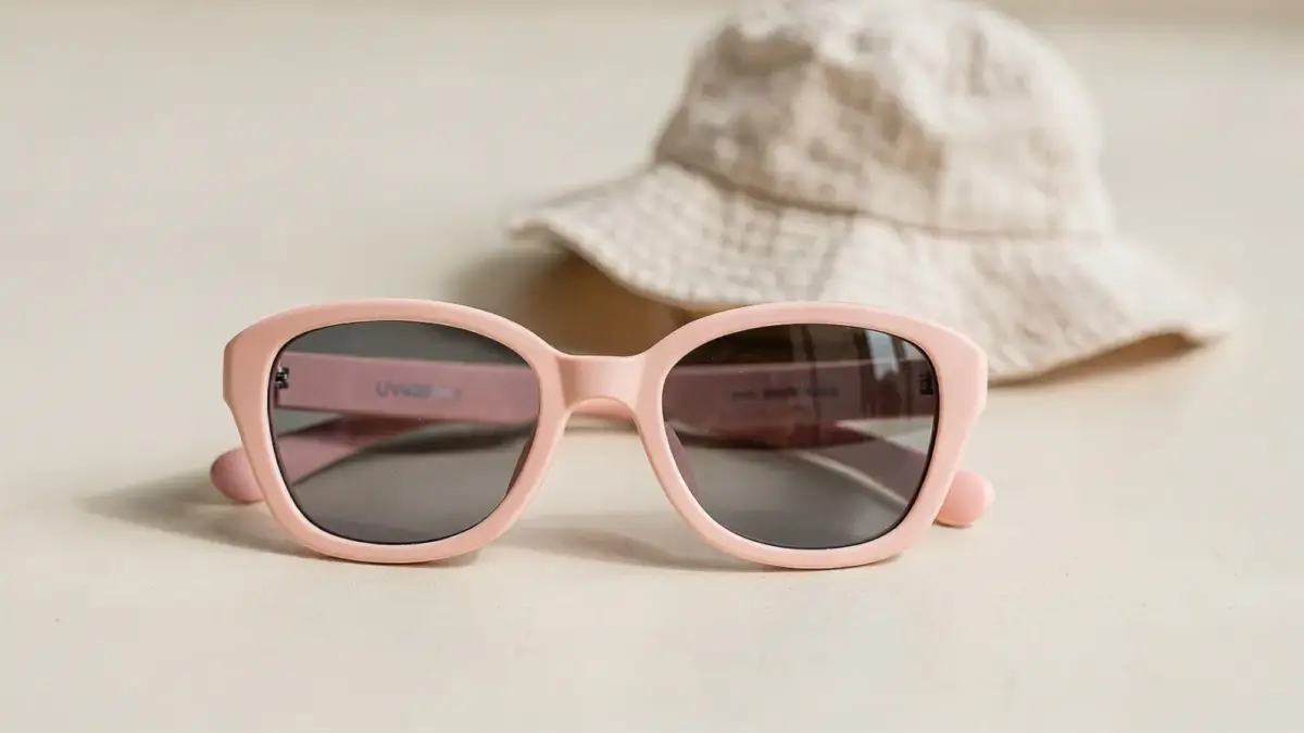 UV400 Kindersonnenbrille auf neutralem Untergrund mit Sonnenhut als Symbol für Schutz und Kennzeichnung.