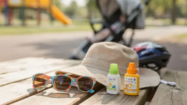 Kindersonnenhut, UV-Sonnenbrille und Sonnenschutz am Spielplatz zum Thema Kinderaugen und UV-Strahlung