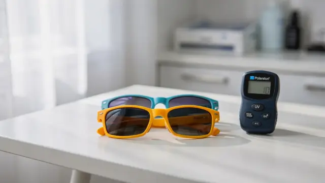 Kindersonnenbrillen und UV-Messgerät zum Thema UV-Licht und Netzhaut bei Kindern
