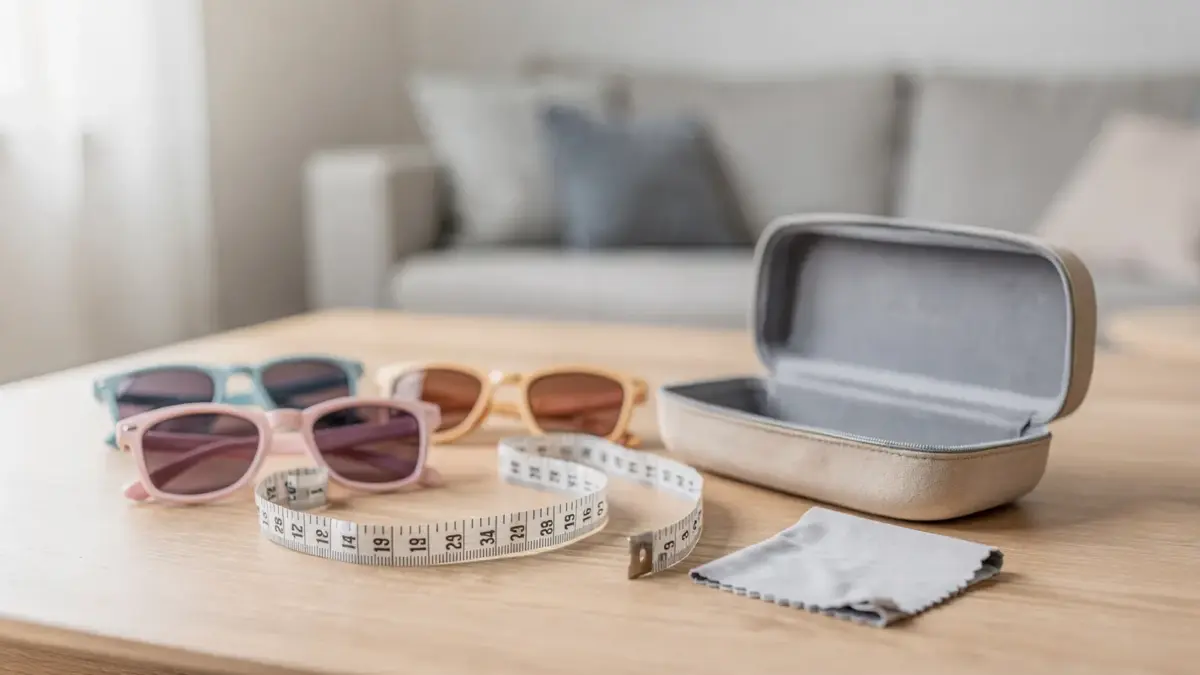 Kindersonnenbrille auf einem Tisch mit Maßband zur Passformprüfung