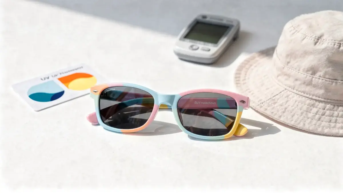 Kindersonnenbrille mit UV-Schutz auf weißem Hintergrund neben UV-Testkarte