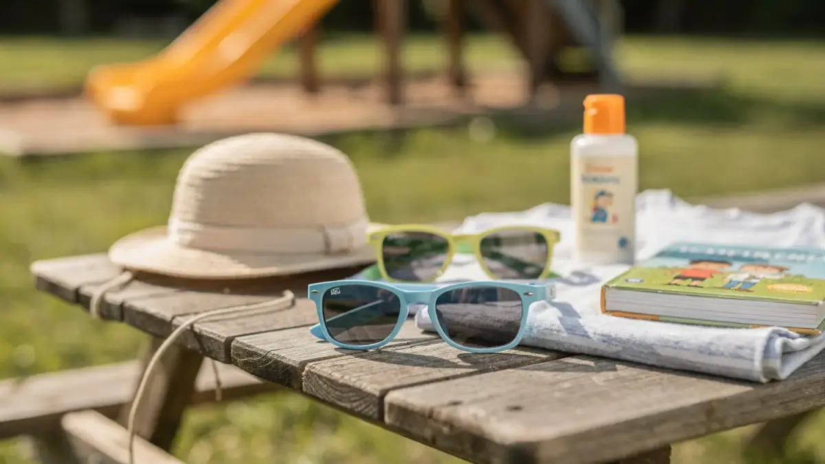 Kindersonnenbrille Kat. 3 neben Sonnenhut und Sonnencreme als Thema des Artikels