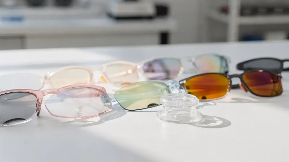 Kindersonnenbrillengläser auf einer Werkfläche im Optiklabor, passend zum Thema Kinderaugen.