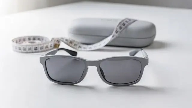 Kindersonnenbrille mit Messband auf Tisch als Bild zu Druckstellen, Sitz und schneller Hilfe.