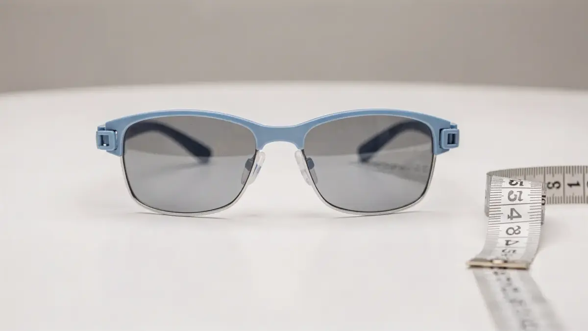 Kindersonnenbrille mit verstellbaren Bügeln neben Maßband, Thema Verstellbare Bügel bei Kindersonnenbrillen
