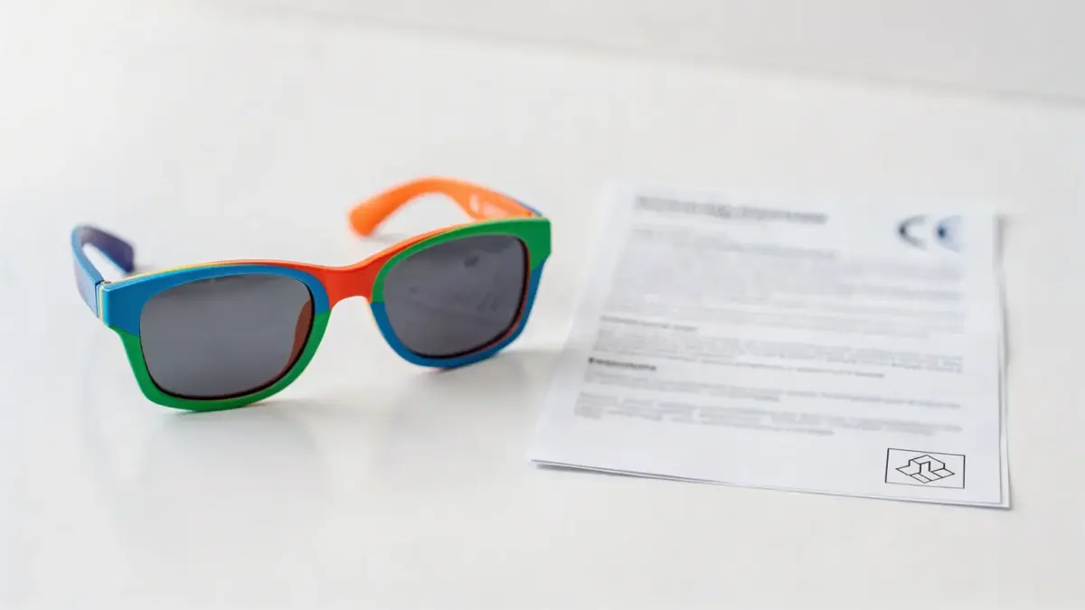 Kindersonnenbrille neben Prüfdokument zur CE-Kennzeichnung