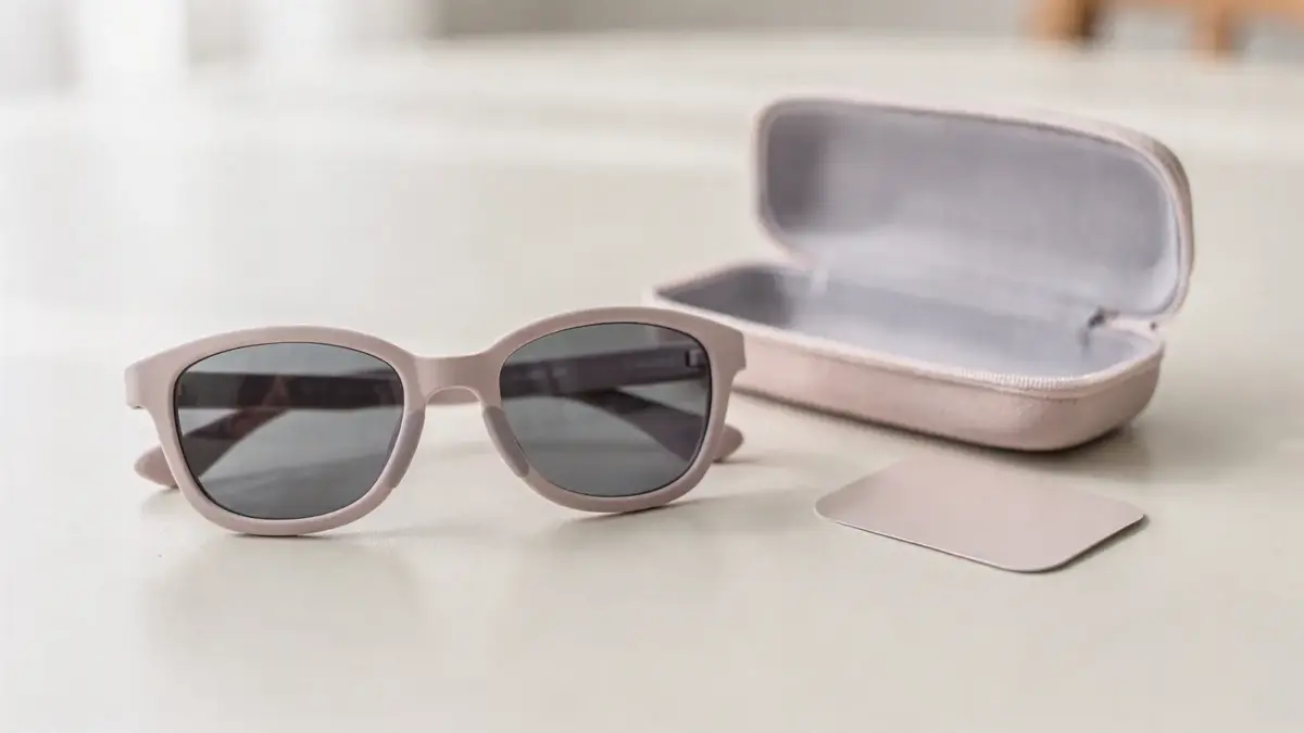 Geprüfte Kindersonnenbrille auf hellem Untergrund mit Etui und UV-Schutz für Kinder