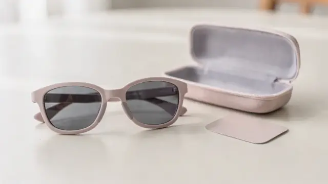 Geprüfte Kindersonnenbrille auf hellem Untergrund mit Etui und UV-Schutz für Kinder