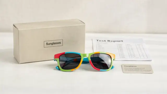 Kindersonnenbrille mit Verpackung und Etikett zur Kennzeichnung bei Kindersonnenbrillen