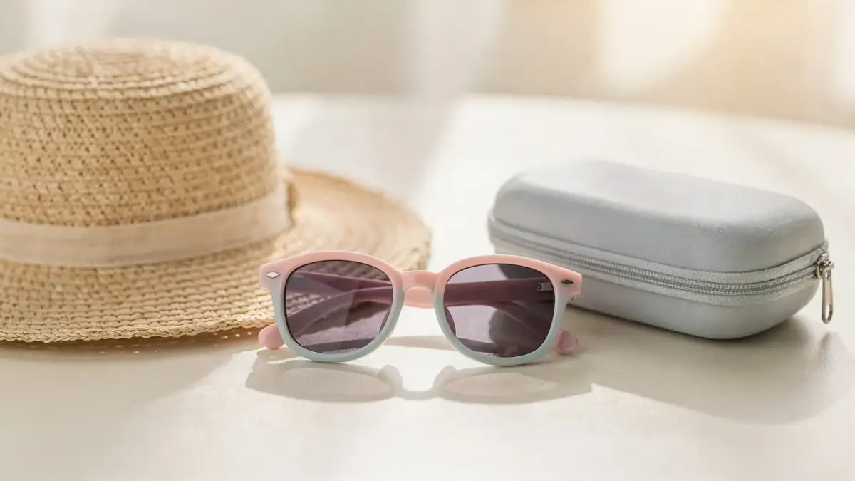 Kindersonnenbrille auf hellem Untergrund mit Sonnenhut und Etui – Schutz im Alltag