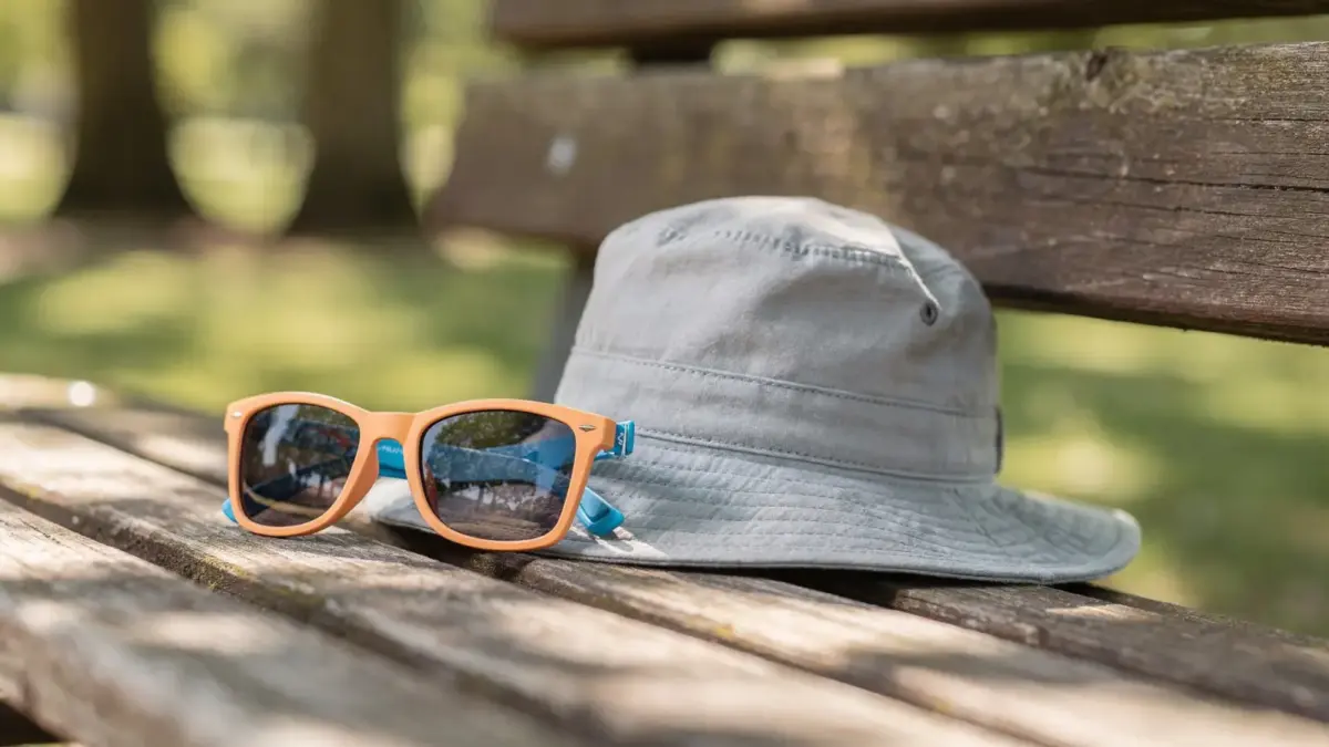 Kind mit Sonnenhut und UV-Sonnenbrille im Schatten: Augenschutz bei Kindern