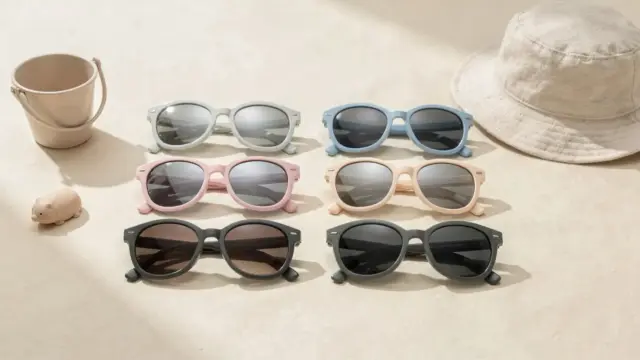 Kindersonnenbrille mit UV-Schutzklasse auf heller Fläche für den Artikel über die richtige Auswahl.