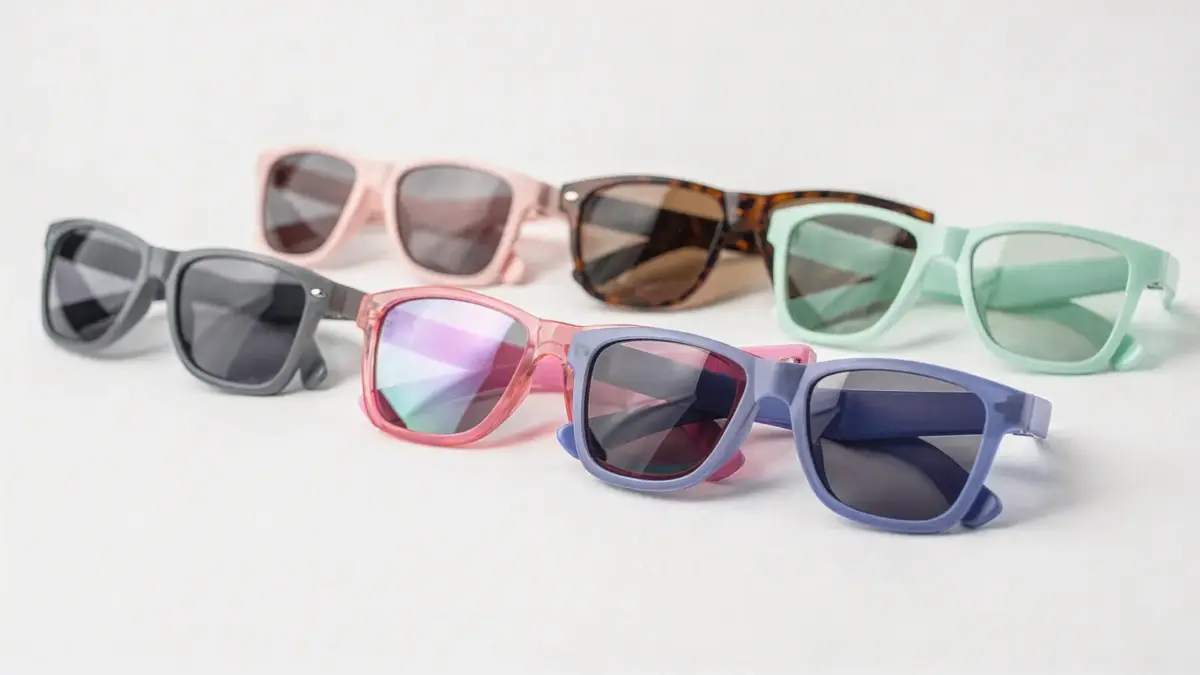 Kindersonnenbrillen mit 100% UV-Schutz und UV400 zum Vergleich auf hellem Hintergrund.