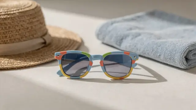 Kindersonnenbrille für den Urlaub neben Sonnenhut und Strandtuch mit Fokus auf UV-Schutz und Passform